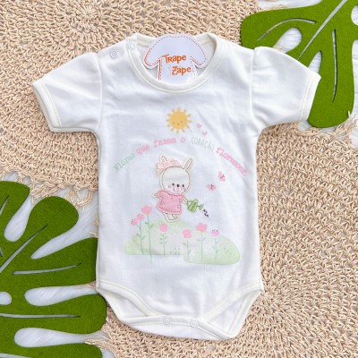 Kit 3 Peças - Bodys Manga Curta Flores Que Fazem o Coração Florescer - Rosa, Off White e Rose